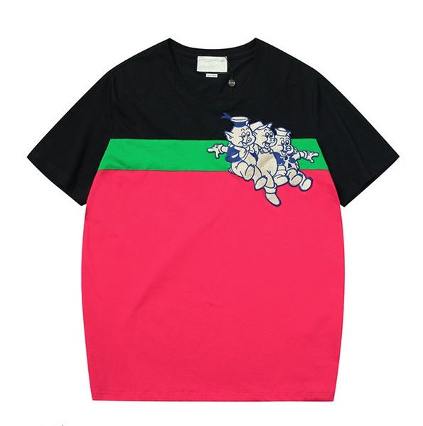 

mens designer t shirts short sleeve fashion brand logo loose casual embroidery three piglets black green red color matching t-shirt, White;black