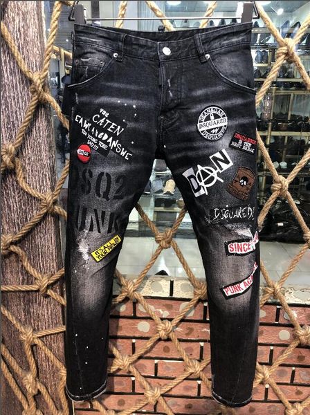 

brand men long jeans graffiti trousers ripped board slim jean pocket nightclub holes casual mens designer jeans new#060, Blue