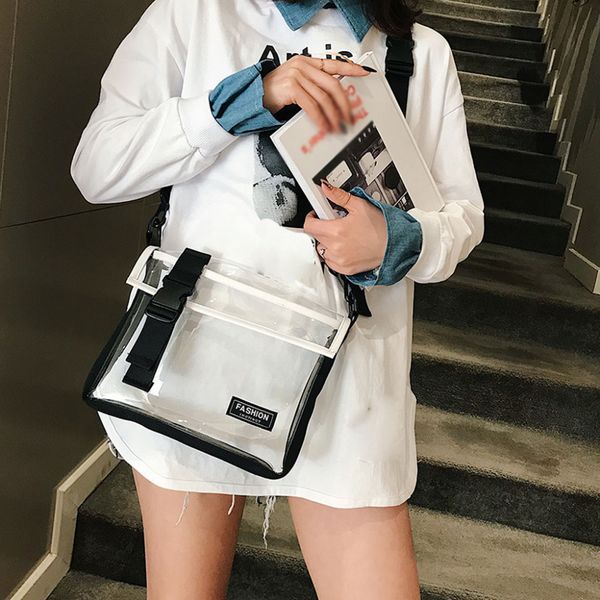 

fashion clear transparent pvc wide band messenger bag personality versatile shoulder messenger bags 2019 new jelly bag a1