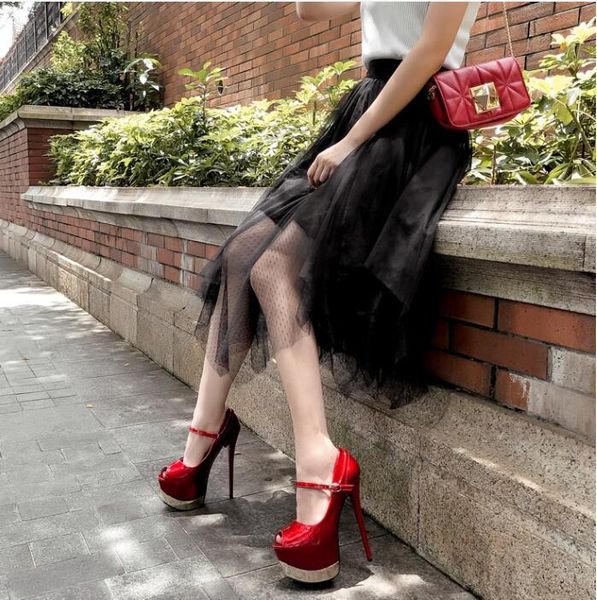 

2019 new t-stage show women platform pumps peep toes high heels patent leather two wearings autumn shoes 17cm thin heel red black beige