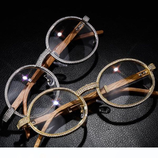 

hip hop luxury design iced out металлический каркас деревянные очки золото серебро покрыло очки для мужчин женщин, Black