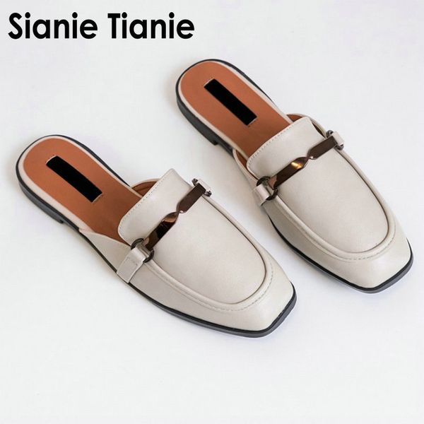

sianie tianie 2019 summer pu fashion women casual flats shoes square cover toe woman slides outdoor slippers mules large size 43, Black