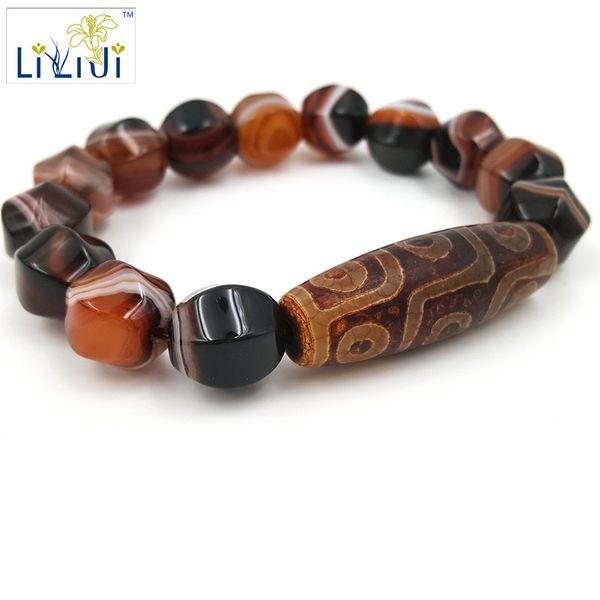 

lii ji 9 eye's dzi beads banded agate bracelet for men women, Golden;silver