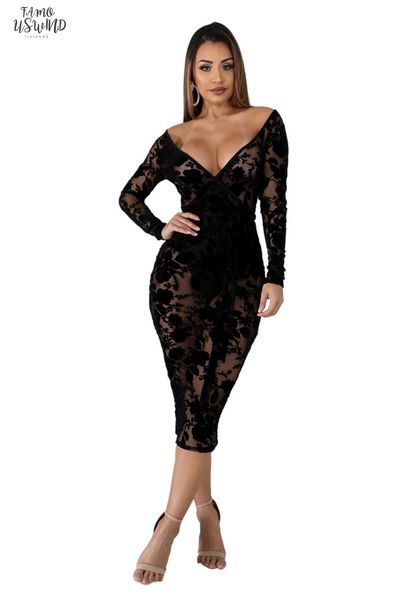 

rose flocking lace sheer mesh club lace dress wrap v neck long sleeve bodycon midi party dresses women autumn clothing, Black;gray