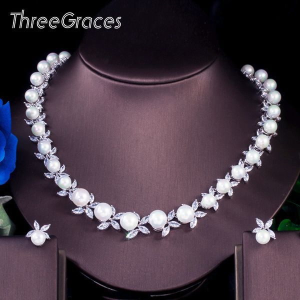 

threegraces luxury women party jewelry white cz stone big pearl choker wedding necklace and earrings sets for brides t618, Slivery;golden