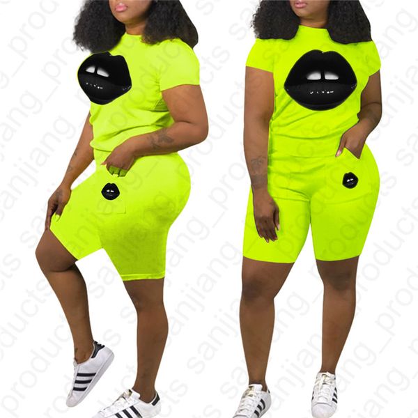 

fashion women tracksuit 2 piece shorts sets summer outfits lips print short sleeve t-shirt + shorts pants sweatsuit clothing 2020d41002, Gray