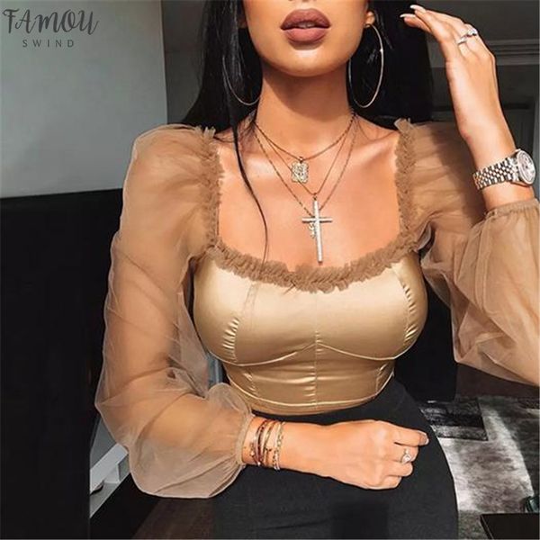

женщины блузки сексуальные укороченные топы sheer tee повседневные рубашки сетка слоеный рукав блузка повседневная slim fit шеи дамы блузки, White