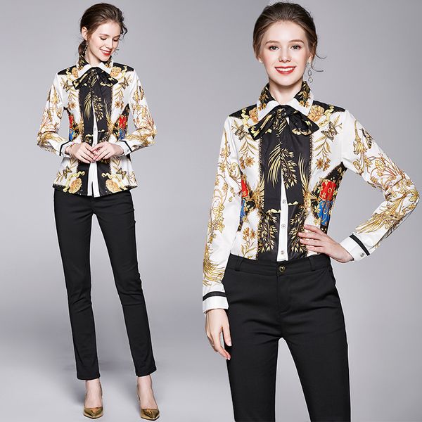 

vintage baroque print bow shirt long sleeve women classic luxury designer ladies runway blouse plus size for spring autumn winter, White