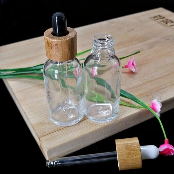 30 ml Klarglas-Tropfflasche für ätherische Öle, Kosmetik-Pipettenbehälter, Verpackungsflasche, umweltfreundlicher Holzdeckel aus Bambus