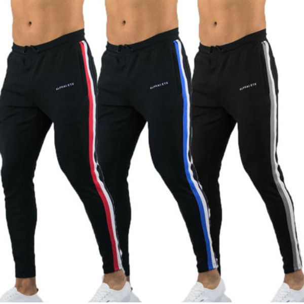 

2019 new men's fashion jogging athletes fitness sports track and field side stripe track and field frenulum sports pants, Black;blue