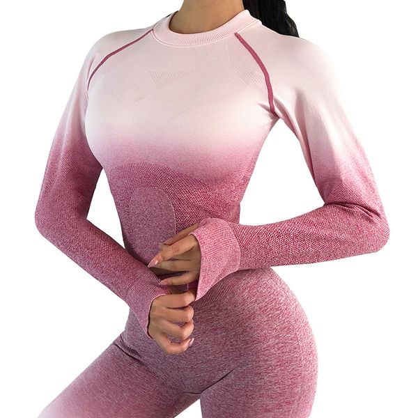 

women fitness crop ladis long-sleeved seamless women round neck stretch sporting feminina, White