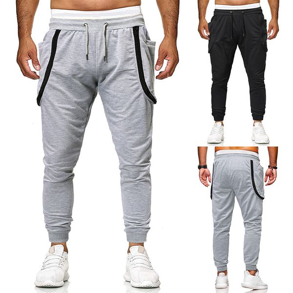 

2019 men's trend trousers fashion zipper pants bag trousers stitching solid color tie casual, Black