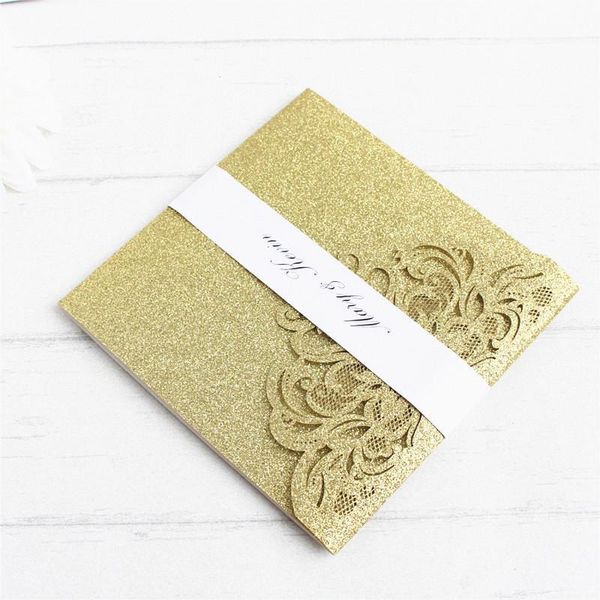 

gold glitter wedding invitation with rsvp envelop belly band pocket fold invitations wedding decoration supply offer printing