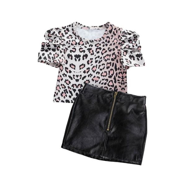 

2020 new 2pcs toddler baby girls clothes sets leopard print puff sleeve t shirts +pu leather skirts summer children clothes, White
