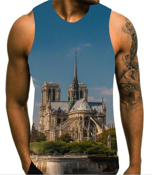 

notre dame de paris mens tank 3d designer printed sleeveless summer tees mens print vest, White;black