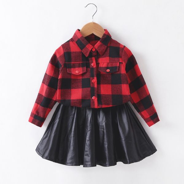 

2pcs casual outfits set spring summer new autumn baby girl clothes long sleeve cotton plaid print t-shirt blouse+leather skirts, White