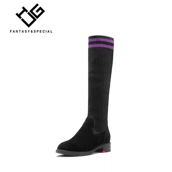 

igu women casual knee-high boots shoes stretch socks winter women female round toe platform thick heel warm snow boots mujer, Black