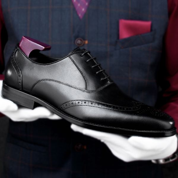 

vintage genuine leather men's handmade wedding oxfords summer pointed toe heels man formal dress wingtip breathable shoes hkn168, Black