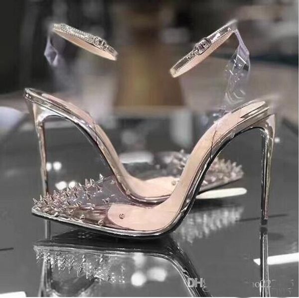 

Newest Red Bottom High heels Genuine leather Woman Pumps Crystal Woman High Heels Pointed toe Rivet Wedding Shoes Full Original Packaging