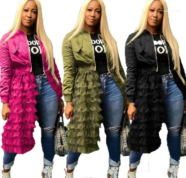 

lace dresses long sleeved crew neck zipper coats womens fashion outerwear womens designer long jackets style solid color mesh, Black;brown