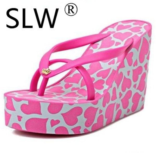 

11cm thick bottom platform flip flops muffins clip toe slippers ladies roman style wedges slides beach shoes print shoe, Black