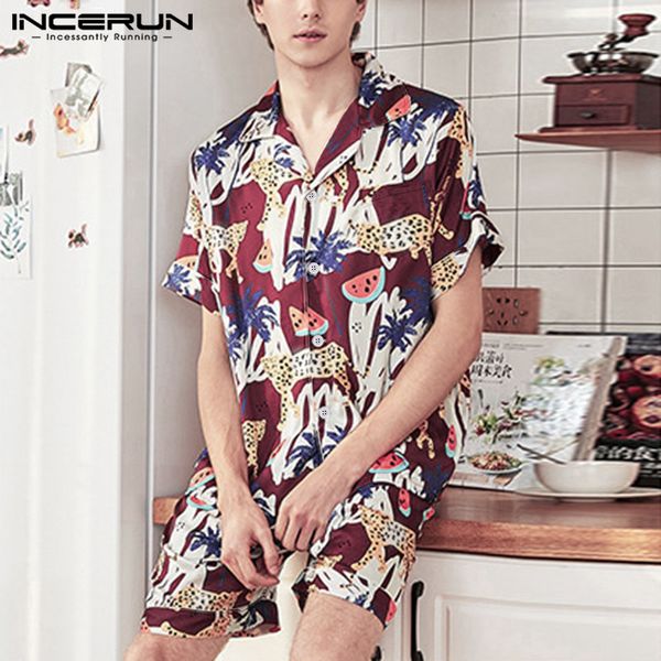 

men funny printed short sleeve pajamas sets satin silk summer fashion comfort soft homewear baggy mens sleepwear suit incerun, Black;brown