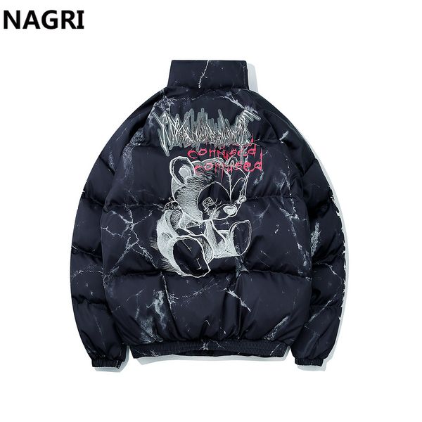 

streetwear jacket parka men hurt bear printed winter warm thicken hip hop harajuku padded down jacket coat outwear overcoat, Black