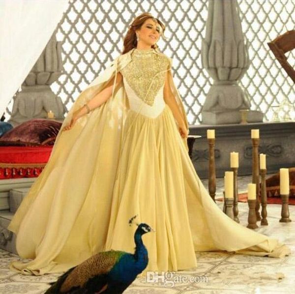 Orta Doğu Akşam Elbiseleri Nancy Ajram 2023 Şifon Cape ünlü parti elbiseleri ile dantel üstte yeni yüksek boyunlu boncuklu nakış 930