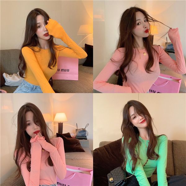 

2019 autumn round neck thin solid color heap sleeve self-cultivation rendering all-match. t pity blouse, White;black