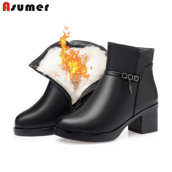 

asumer big size 35-43 new genuine leather boots round toe sheep wool ladies ankle boots square high heels keep warm snow, Black