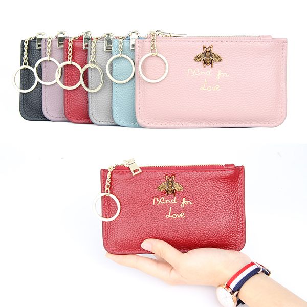 

micro for] full-grain leather europe and america big brand genuine leather purse zipper mini embossed band key, Black