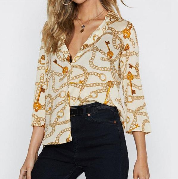 

женщины сорочка v-образным вырезом панелями блузка золото старинные цепи печати мода роскошные рубашки дизайнер с длинным рукавом рубашки то, White