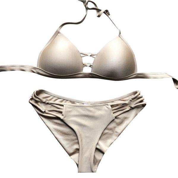 

2019 beach fashion women set solid color sport swimwear push-up padded suit a412, White