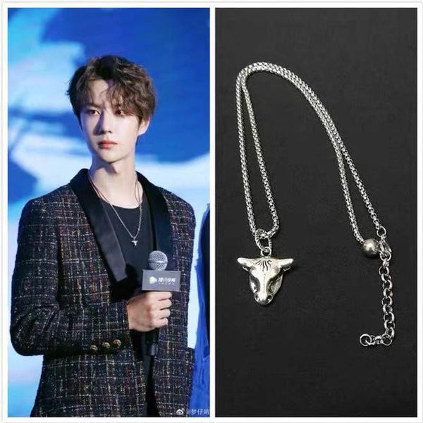 

wang yibo with the same style of the cow head necklace accessories wild sports style tide fan chain star peripheral jewelry tide, Silver