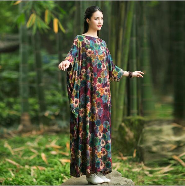 Kadın gündelik giyim yeni Çin orijinal boş zaman ince bornoz ipek pamuk çiçek desen büyük boyutlu giyim serin gevşek bornoz elbise