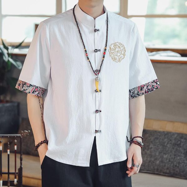

2019 men shirt short sleeve print casual cotton streetwear men shirts man kimono shirt chinese style brand white shirts, White;black