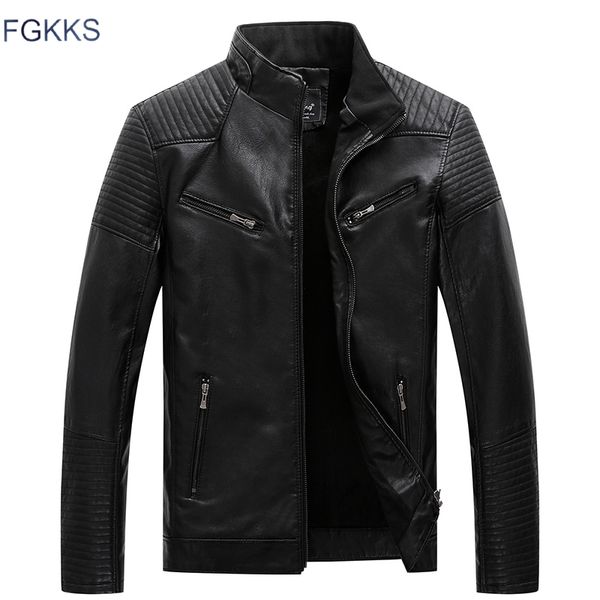 

fgkks men leather jackets coats autumn winter male fashion solid color faux jacket men's casual pu jackets overcoat, Black