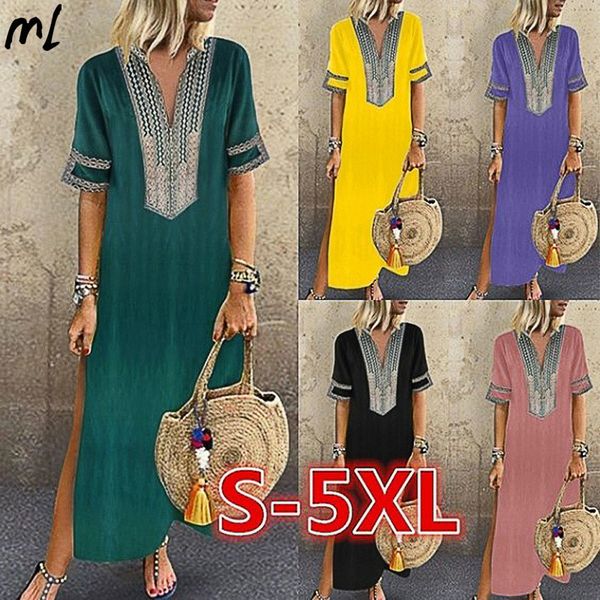 

plus size dresses 5xl big size summer new v neck casual loose beach long dress short sleeve boho fashion retro dress vestidos, Black;gray