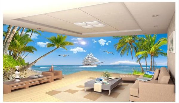 Özel 3d duvar kağıdı oturma odası yatak odası kanepe tv arka plan duvar kağıdı ultra hd deniz manzarası hindistan cevizi ağacı full sc fotoğraf su geçirmez duvar kağıdı
