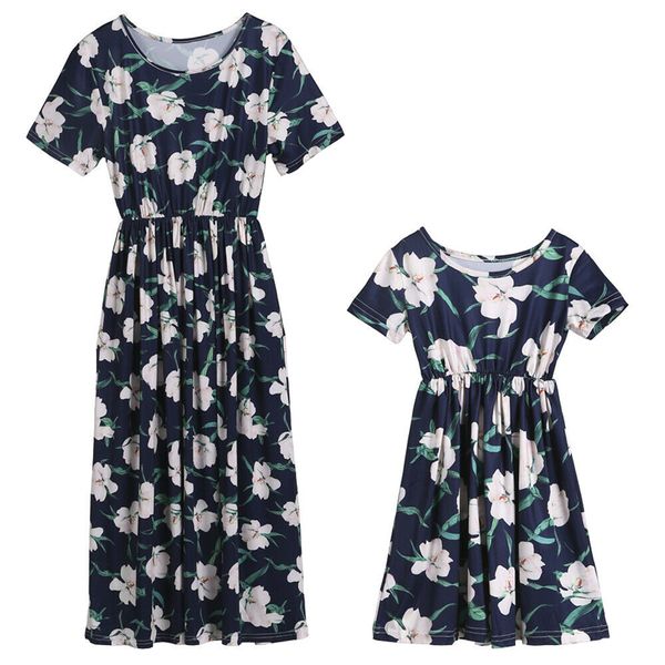 

family dress mother and daughter floral dresses mommy and me clothes boho beach summer short sleeve women girl flower sundress, Blue