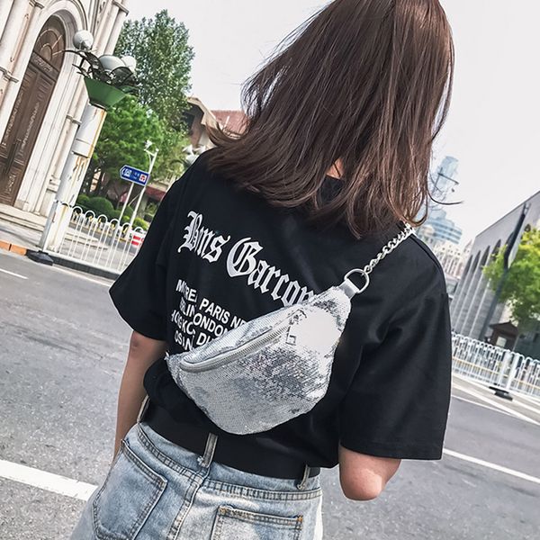 

women belt bag sequin fanny pack silver zipper travel shopping frmale waist bag portable purse phone pouch shoulder chest pack