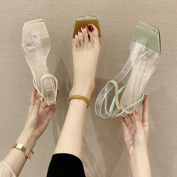 

female sandal clear heels buckle strap 2020 summer high-heeled sandals sale of women's shoes open toe all-match ladies woman, Black