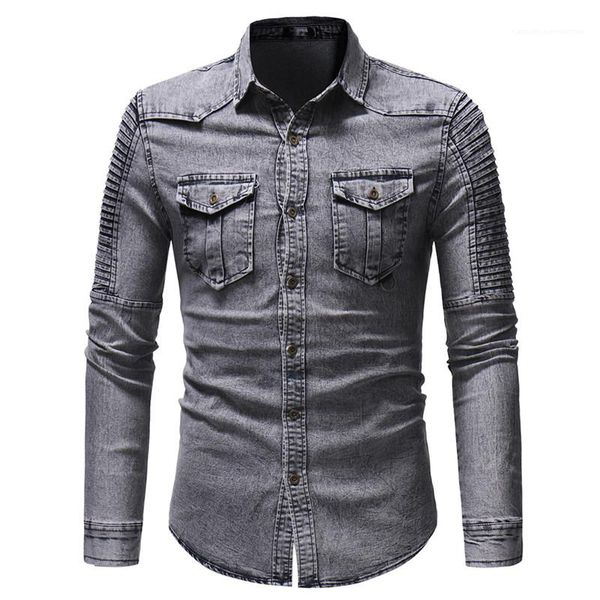 

shirt drape long sleeve homme double pocket panelled shirt male retro slim casual designer mens denim, White;black