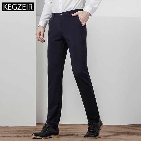 

brand spring winter business mens fashion pants straight slim trousers men stretch warm zipper men casual pants pantalon homme, Black