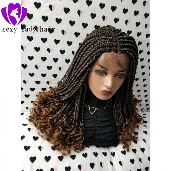 Mode schwarze Frauen Zopf Stil 1/30 Ombre braun geflochtene Perücke Mittelteil Box Braids Schweizer Spitze vorne Perücke mit lockigen Enden