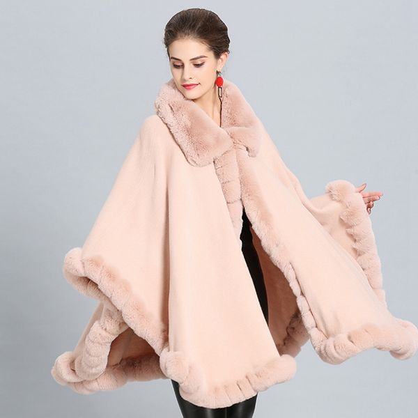 

2020 new cashmere cape female imitation fox fur collar large shawl woman winter jacket poncho sweatshirt women clothes hoodie trench coat, Black