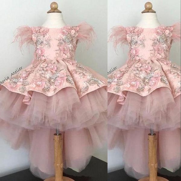 

new lovely blush pink flower girl dresses for weddings lace applqieus flowers feather tulle high low girls pageant dress kids communion gown, White;blue