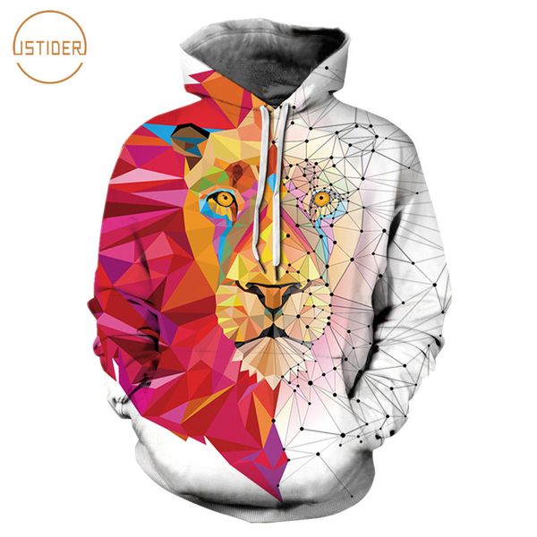 

istider 3d geometric animals printed hoodies sweatshirts color blocks tiger/lion/wolf hooded tracksuits men/women pullover hoody, Black