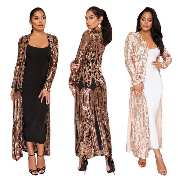 

new gold sequins long cardigan elegant casual women full sleeve mesh see through coat open stitch feminino ouro lantejoula, Black;brown