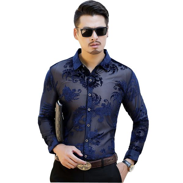 

men's shirt 2019 men's new slim fit shirt long-sleeved casual velvet hollow man men's dress shirts, White;black